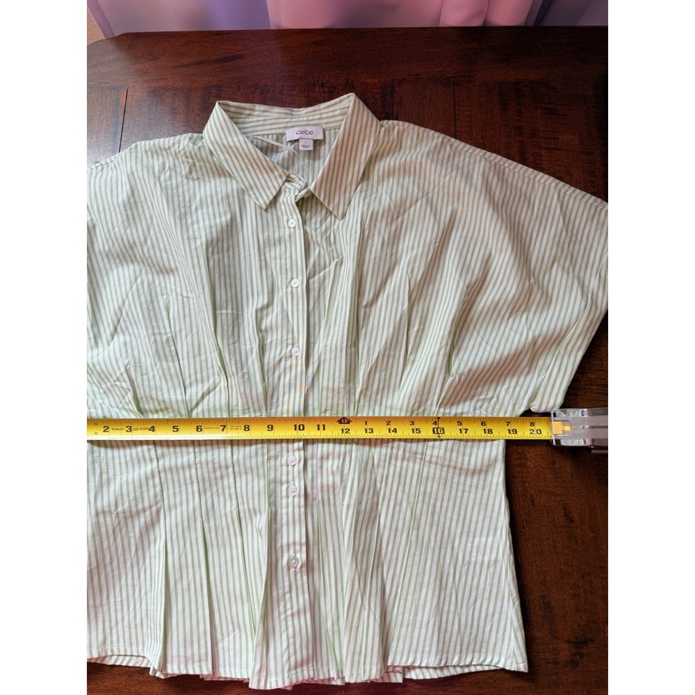 CeCe Womens Green White Striped Smocked Back Cotton Button Up Shirt Large - Picture 3 of 9